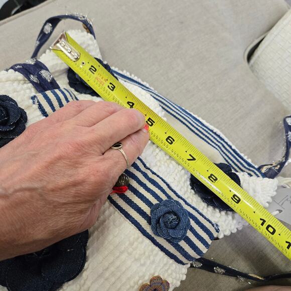 FLR PWR Upcycled Antique Hobnail textured Bedspread bag coin Small blue white - Picture 14 of 17